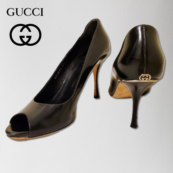 Gucci Shoes - Gucci Black Patent Leather GG Logo Peep-Toe Pumps